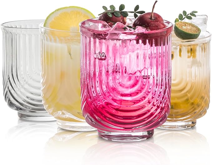 KEMORELA Drinking Glasses Art Deco Cocktail Glasses Set of 4 Glass Cups, Arch Design Glassware, Trendy Ripple Glass, Beverages Ice Coffee Cup, Ideal for Whiskey, Beer, Juice, Water (4Pcs 12Oz)
