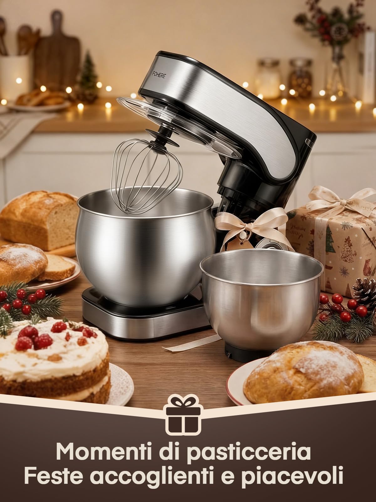 Impastatrice Planetaria con 5L + 3L Doppia Ciotola in Acciaio Inox, Uncino Impastatore Migliorato, Impastatrice a Spirale 6+P Velocità, 1300W, per Pane, Pizza, Dolci e Pasticceria Domestica