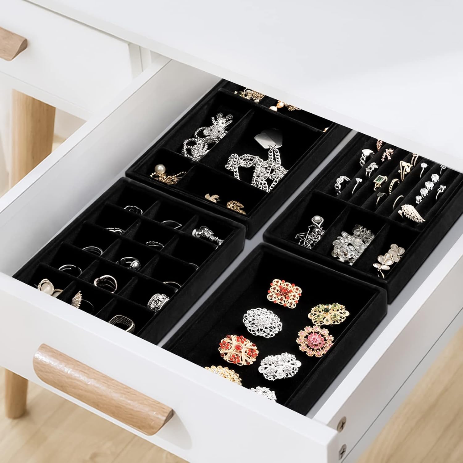 Elsjoy 8 Pack 4 Styles Black Velvet Jewelry Trays, 8" x 5" Jewelry Organizer Tray Stackable Jewelry Storage Tray for Drawer, Rings, Earrings, Necklace - Image 5
