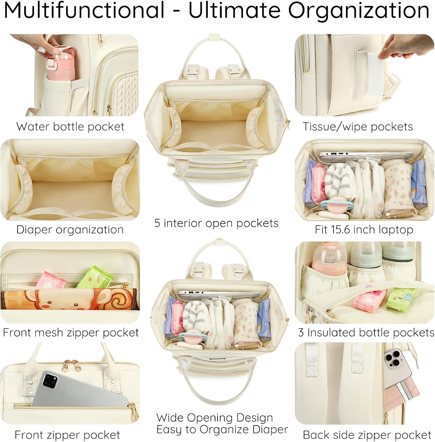 AIJIEKE Diaper Bag, Large Wide-Open Baby Diaper Backpack, Multi-functional Baby Travel Tote Bag, Diaper Bag with Changing Pad, Diaper Bags for Mom & Maternity (Beige) - Image 2