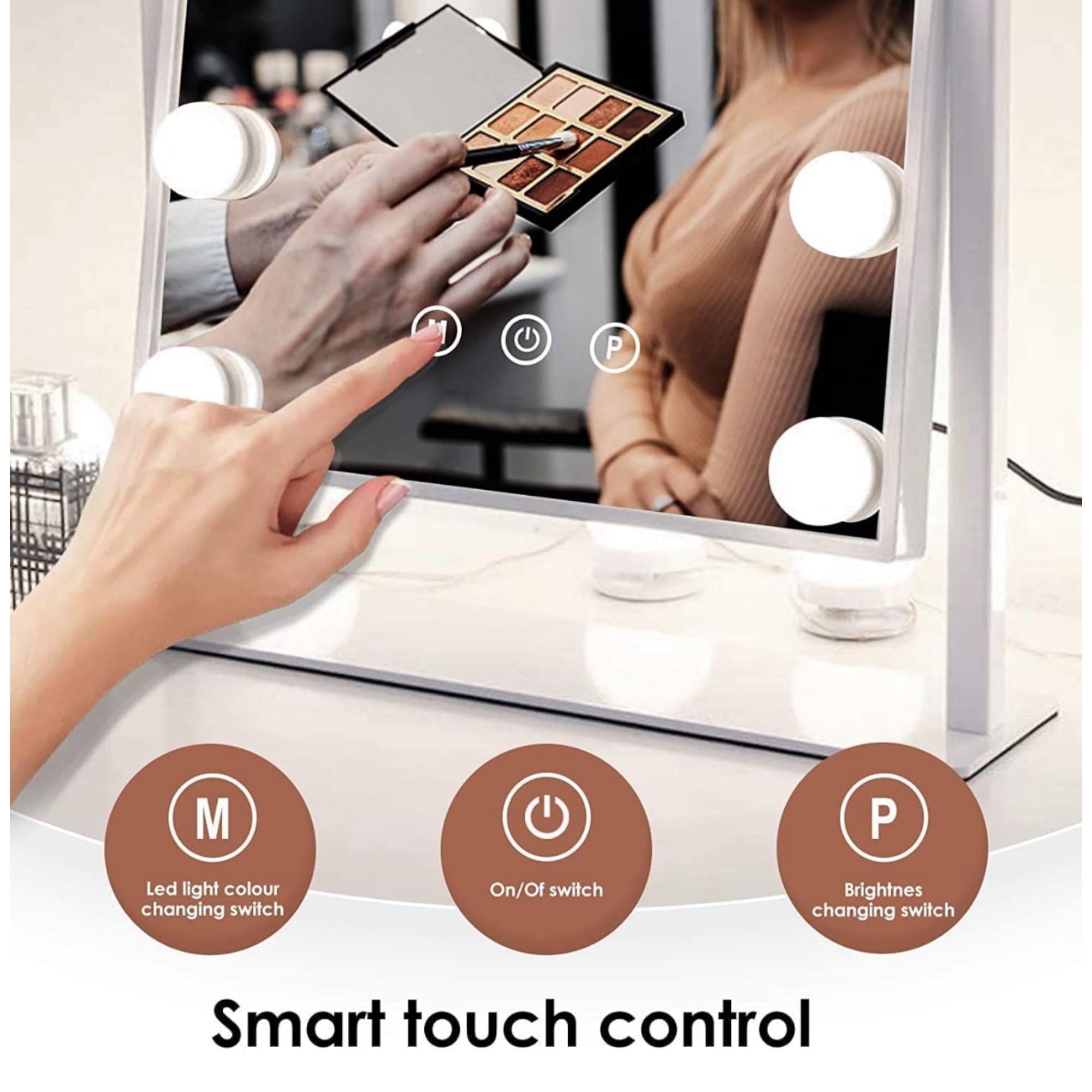 Espejo de Maquillaje con Iluminación LED, 15 Bombillas, 3 Modos de Luz, Control Táctil, USB Recargable, Aumento