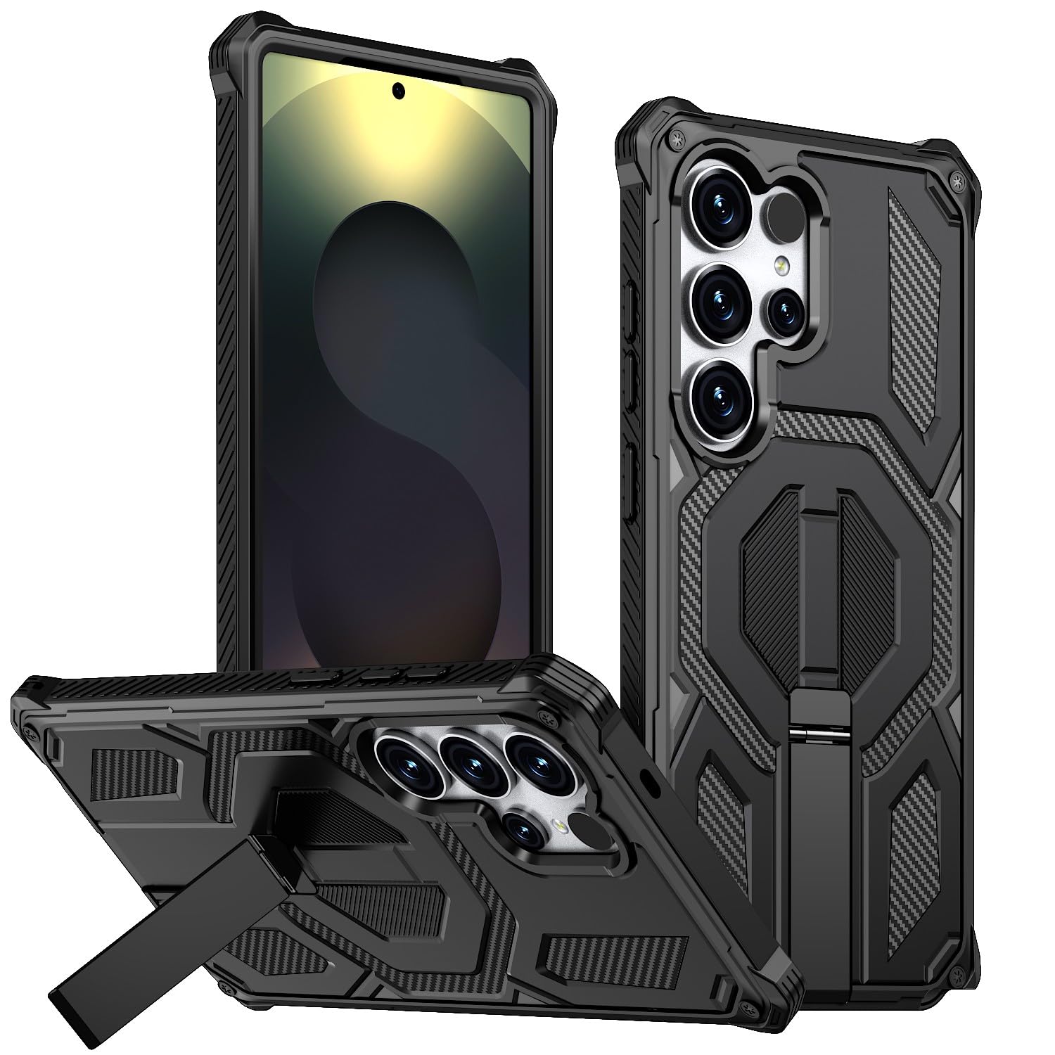 Coque Samsung S24 FE noire magnétique rigide avec support en silicone