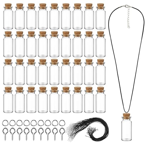 Sawysine 50 Pcs 10 ml Mini Glass Bottles with Cork, Tiny Wishing Bottles with 50 Pcs Black Waxed Cord,100 Pcs Eye Screws and 100 Pcs Clasp Rings,for DIY Crafts Container Necklace Jars
