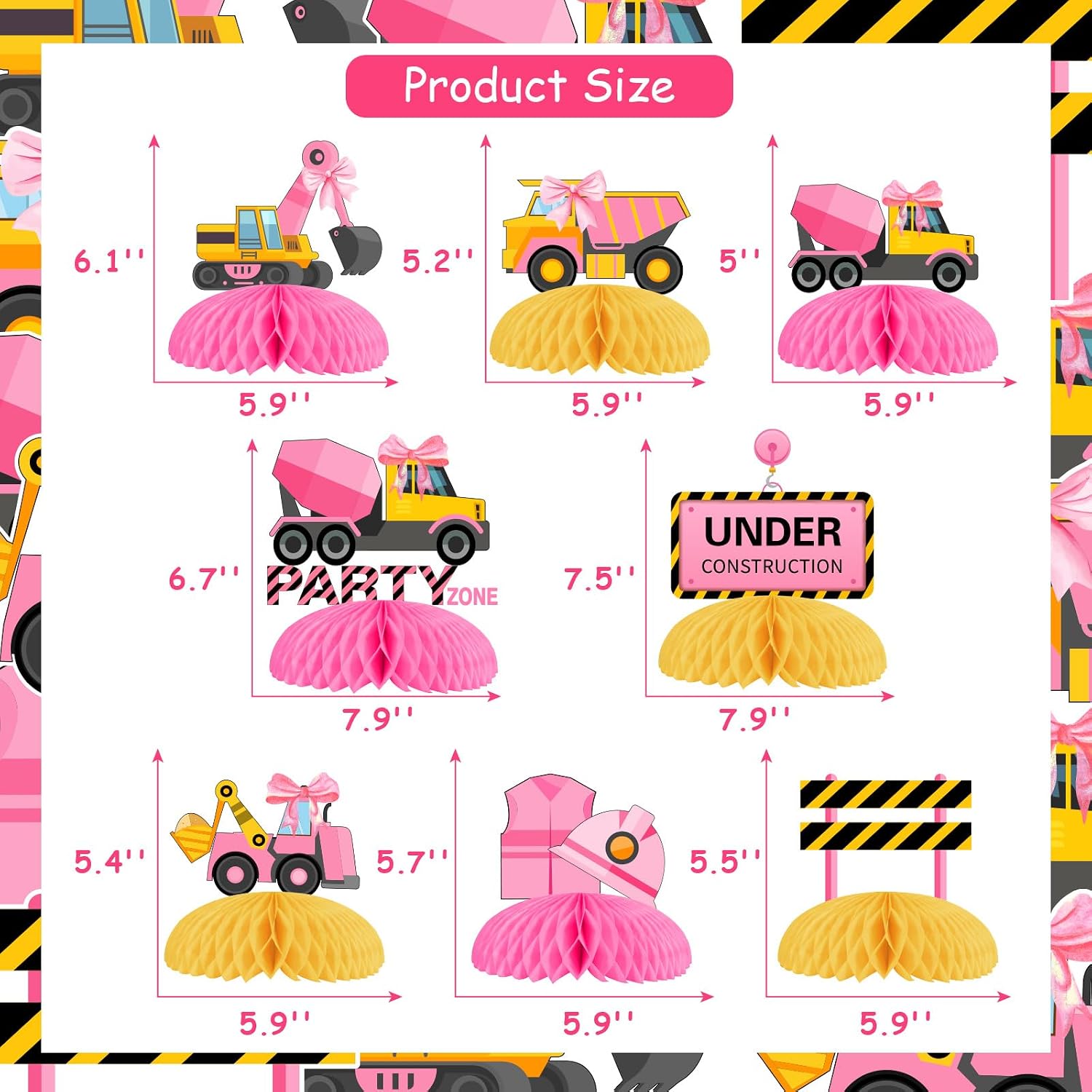 Sursurprise Pink Construction Party Honeycomb Centerpieces, Party Zone Under Construction Table Decorations, Dump Truck Bulldozer Excavator Construction Birthday Baby Shower Builder Party Supplies