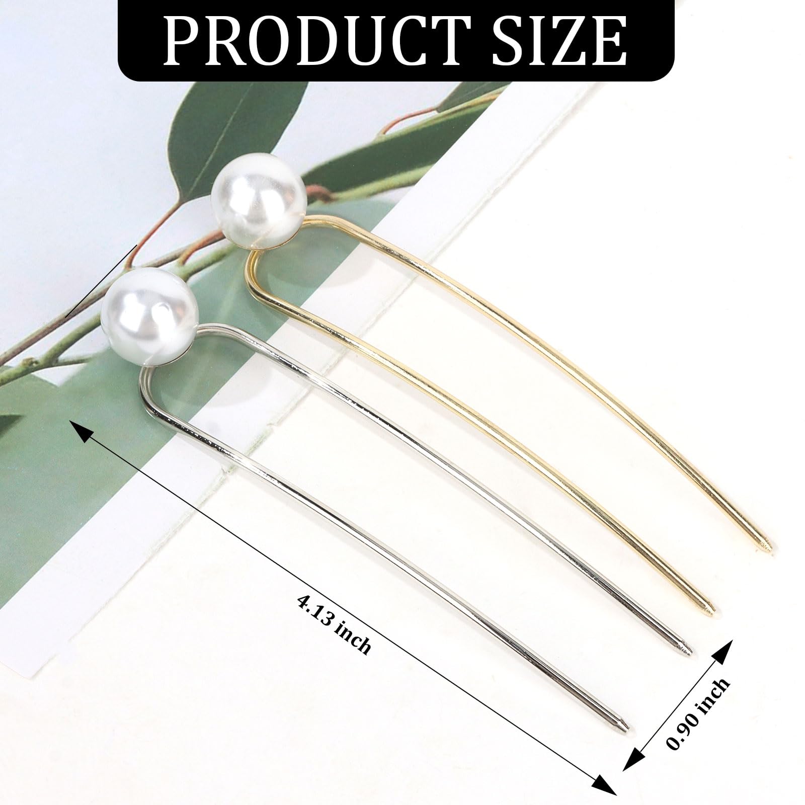 Padorul U-Shaped Pearl Hairpins for Women 2Pcs Silver and Gold Pearl Hairpins Metal Hair Clips Sticks Accessories Simple Design for Women’s Thick Hair Suitable for All Occasion Dressing-up - Image 2