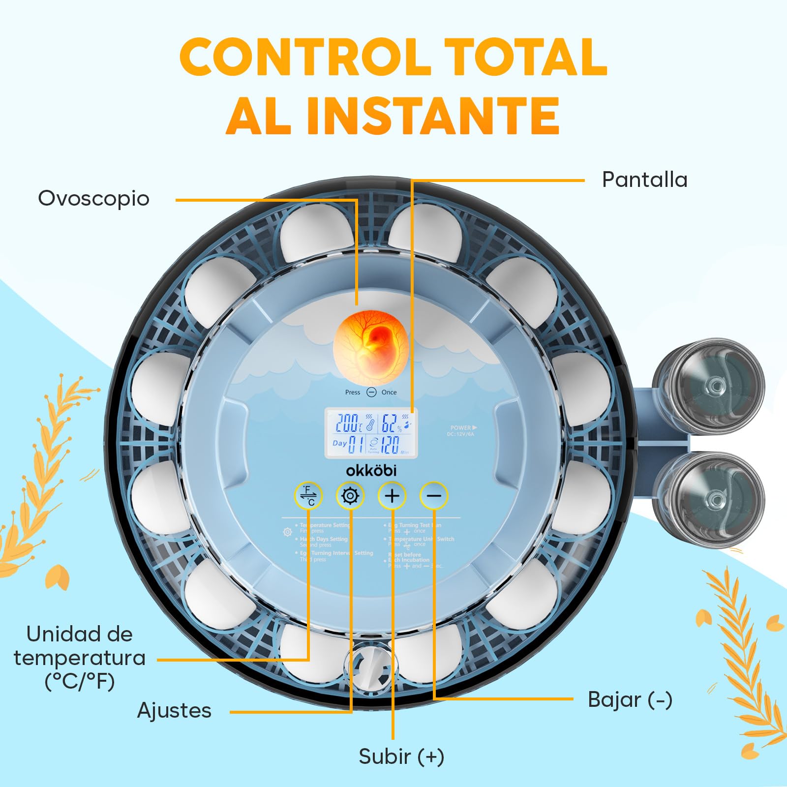 Incubadora de Huevos Automática 18 Huevos – Incubadora con Giro Automático, Control de Humedad, Botellas de Agua, Ventilación, Vista 360° y Luz para Revisar Huevos | Alarma de temperatura con ventilador interno, mire-huevo incorporado, vista de 360 grados