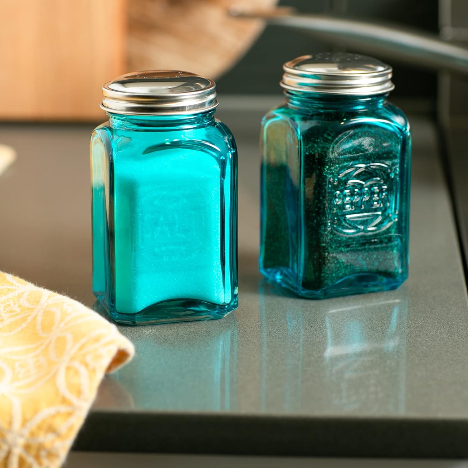 RSVP International Retro Glass Salt & Pepper Shaker | Stainless Steel Lids |, 8 oz, Turquoise: Home & Kitchen