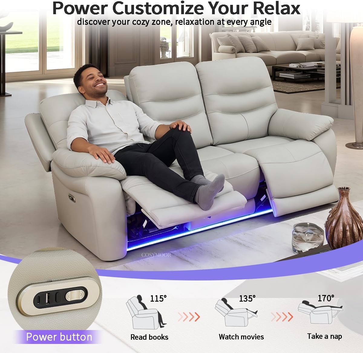 Power Recliner Sofa Set with LED Lights,Leather Reclining Sofa with Double Recliner/USB Port,Living Room Furniture Set for House/Home Theater, Grey