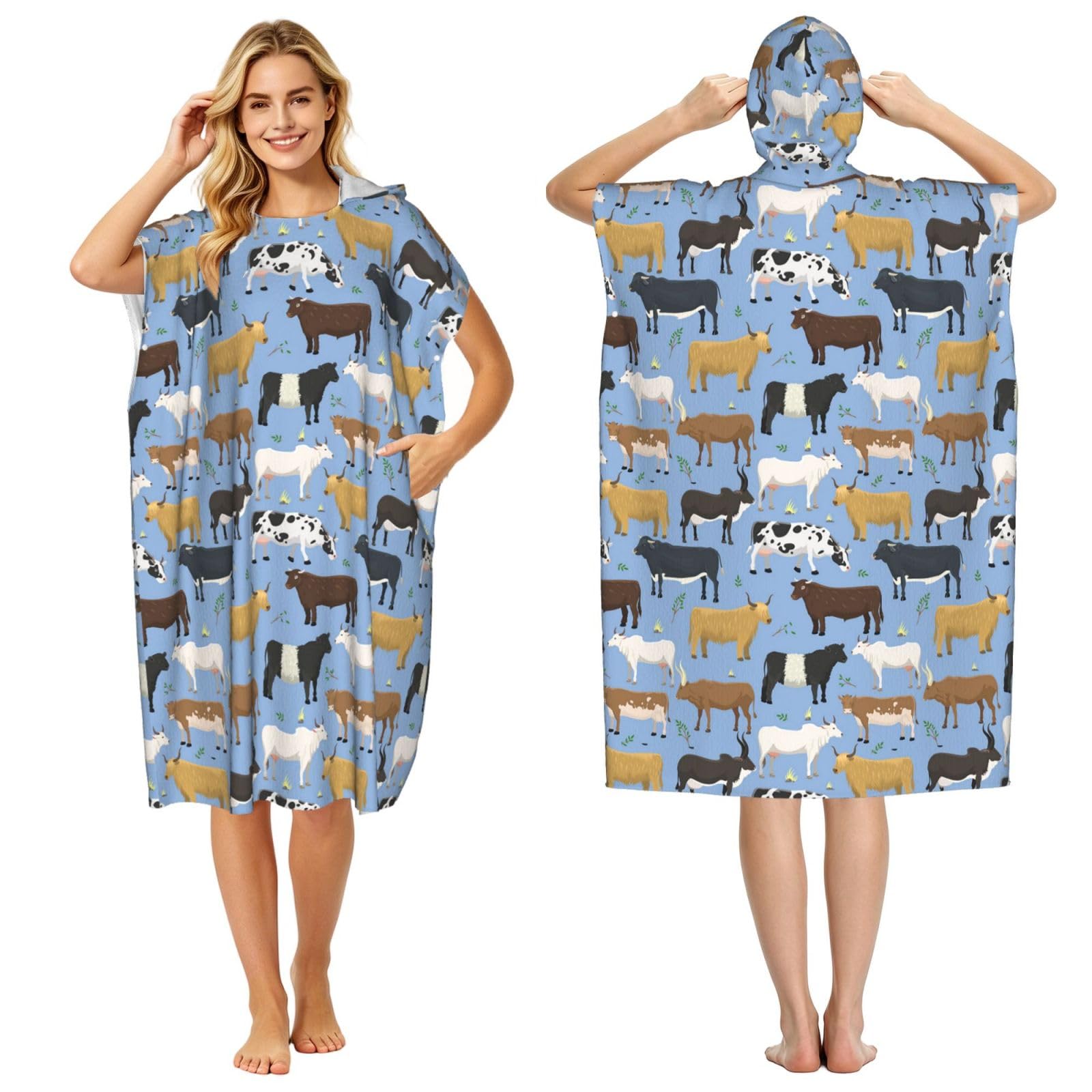 Poadnly Set Of Bulls And Cows Farm Animal Cattle Mammal, Adult Hooded Beach Towel 90 x 110 cm,Changing Bath Robe, Surf Poncho Towel For Women Men