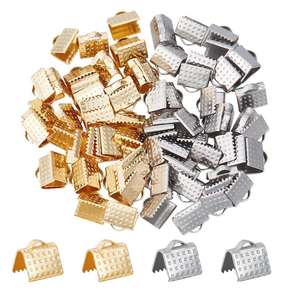 UNICRAFTALE 80Pcs 2 Colors 304 Stainless Steel Rectangle Ribbon Ends Ribbon Crimp Ends Fastener Buckle leatheretteette Bookmark Crimp Ends Metal Connection Buckle for Jewelry Making