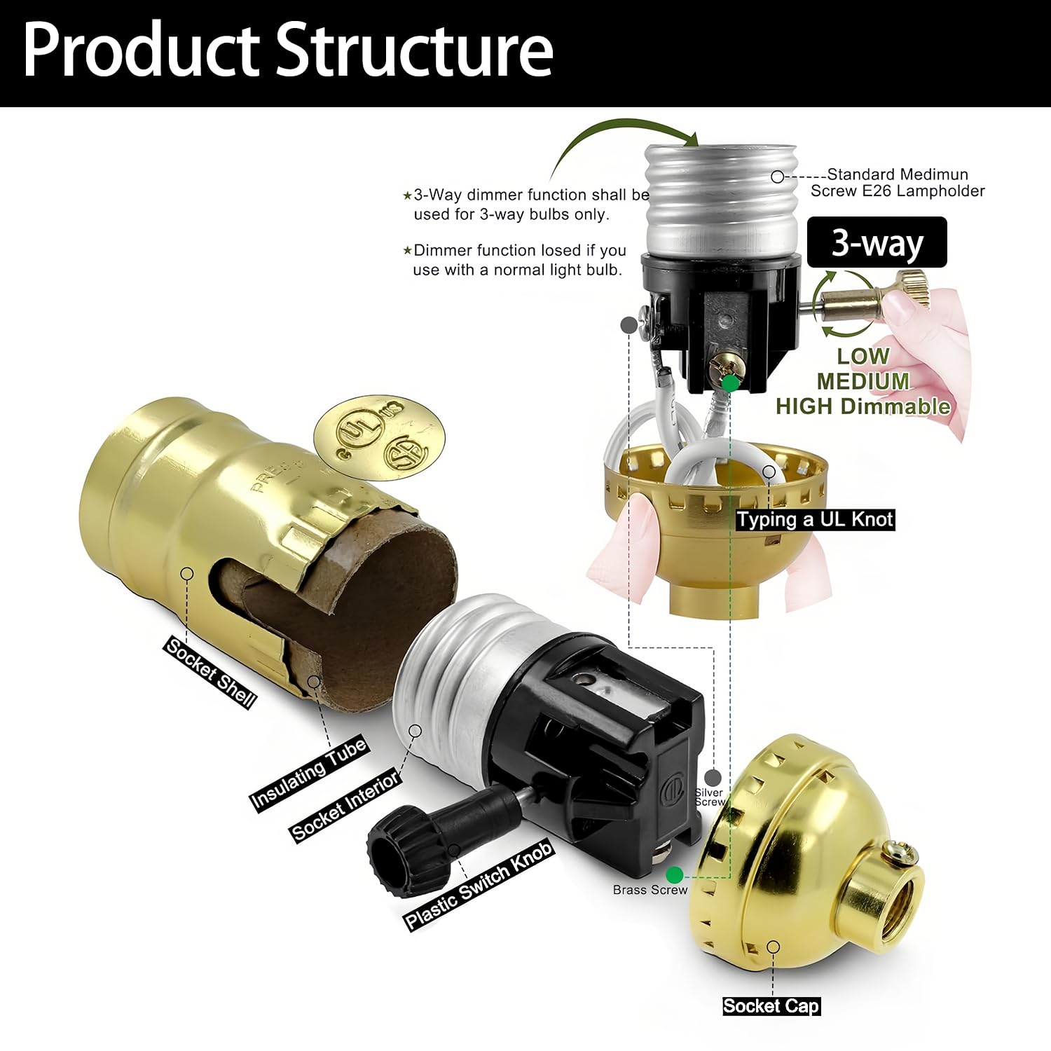 Lamp Rewire Kit, 10 Foot Matching Cord, 2 Way Socket and Essential Hardware, Table and Floor Lamps Socket Replacement, Rewire and Repair, DIY Light Making Kit (Gold)