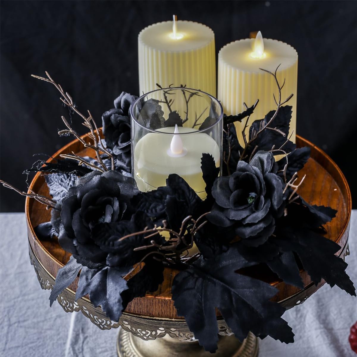 Halloween Candle Ring Artificial Black Rose Flower Wreath 9.84" Maple Leaves Floral Candle Holder for Tables Centerpieces Home Kitchen Farmhouse Pillar Table Decor
