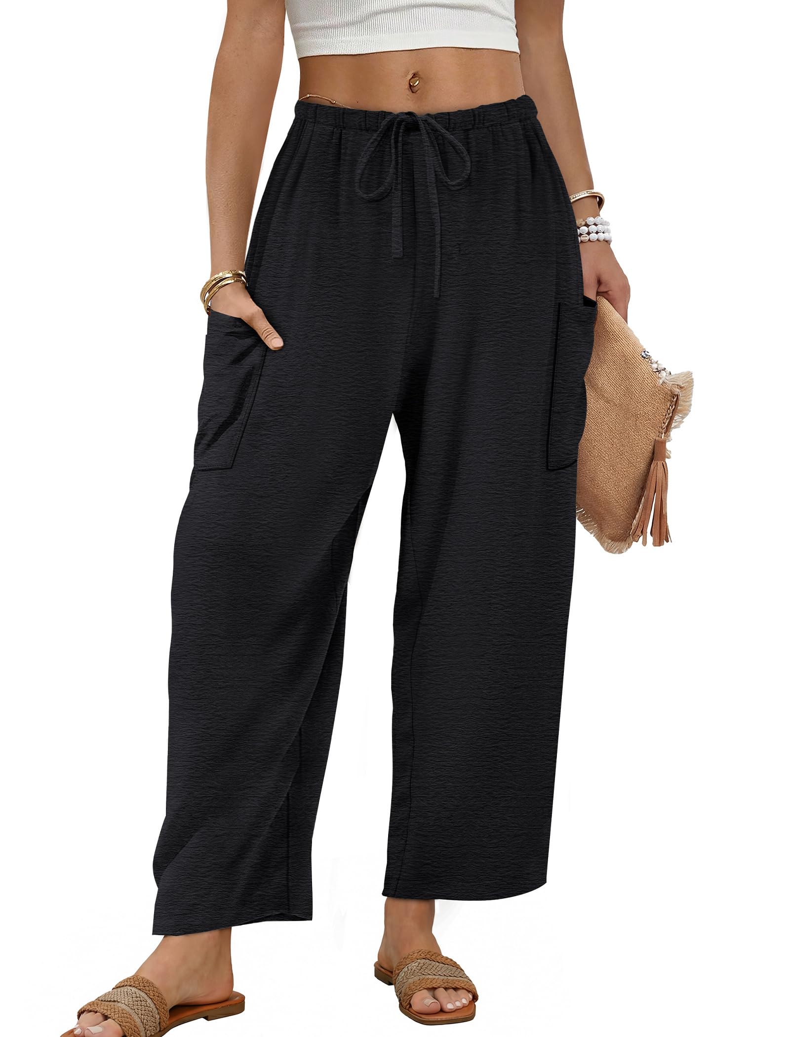 Sampeel Wide Leg Pants for Women Barrel Flowy Palazzo Elastic Waist Trousers with Pockets Summer Beach Vacation Outfits — view 14