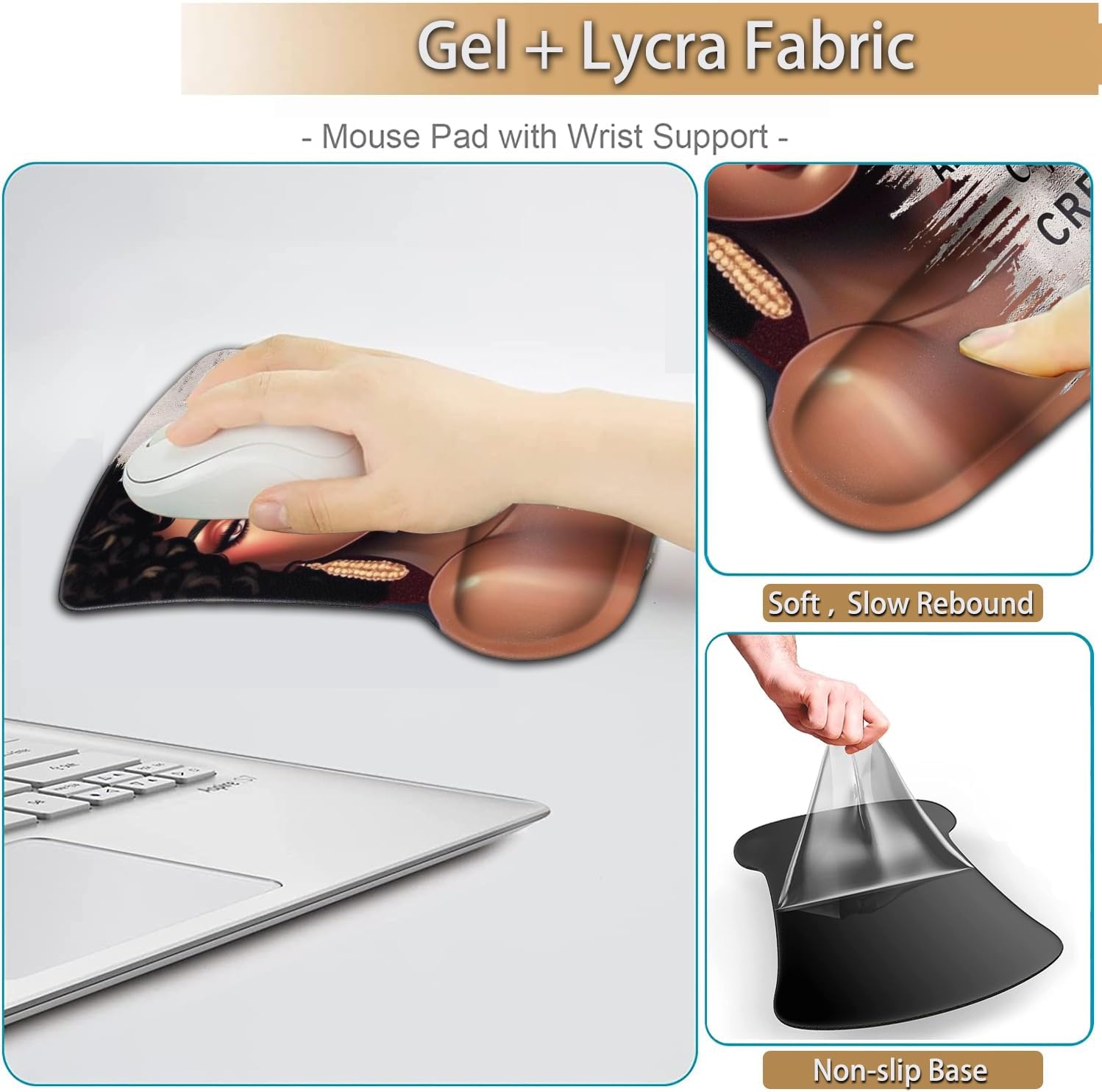 Keyboard Wrist Rest and Mouse Pad Wrist Support Set, Ergonomic Gel Mouse Pad Wrist Rest with Non-Slip Base for Home Office Desk Pad, African American Women Black Girl Black Gaming Mouse Mat
