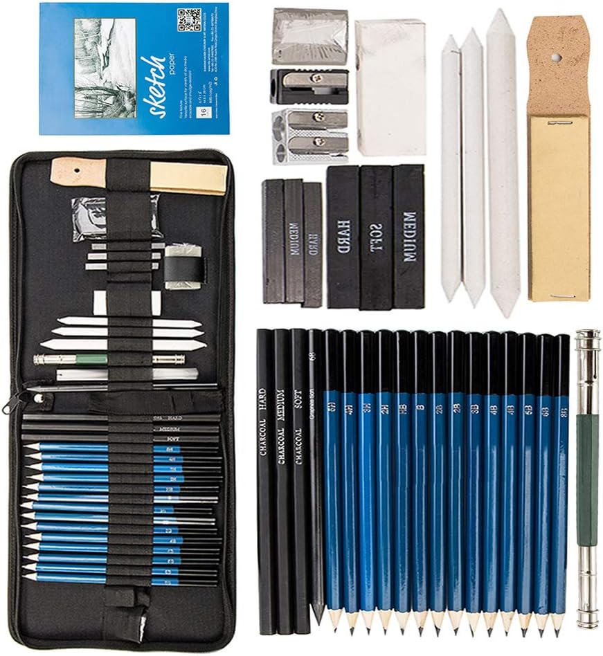 36Pcs Sketching Pencils Set, Drawing Pencils Set for Artists Includes Graphite Pencils, Charcoal Pencils, Paper Erasable Pen, Craft Knife, Pencil Extender with Zipper Case