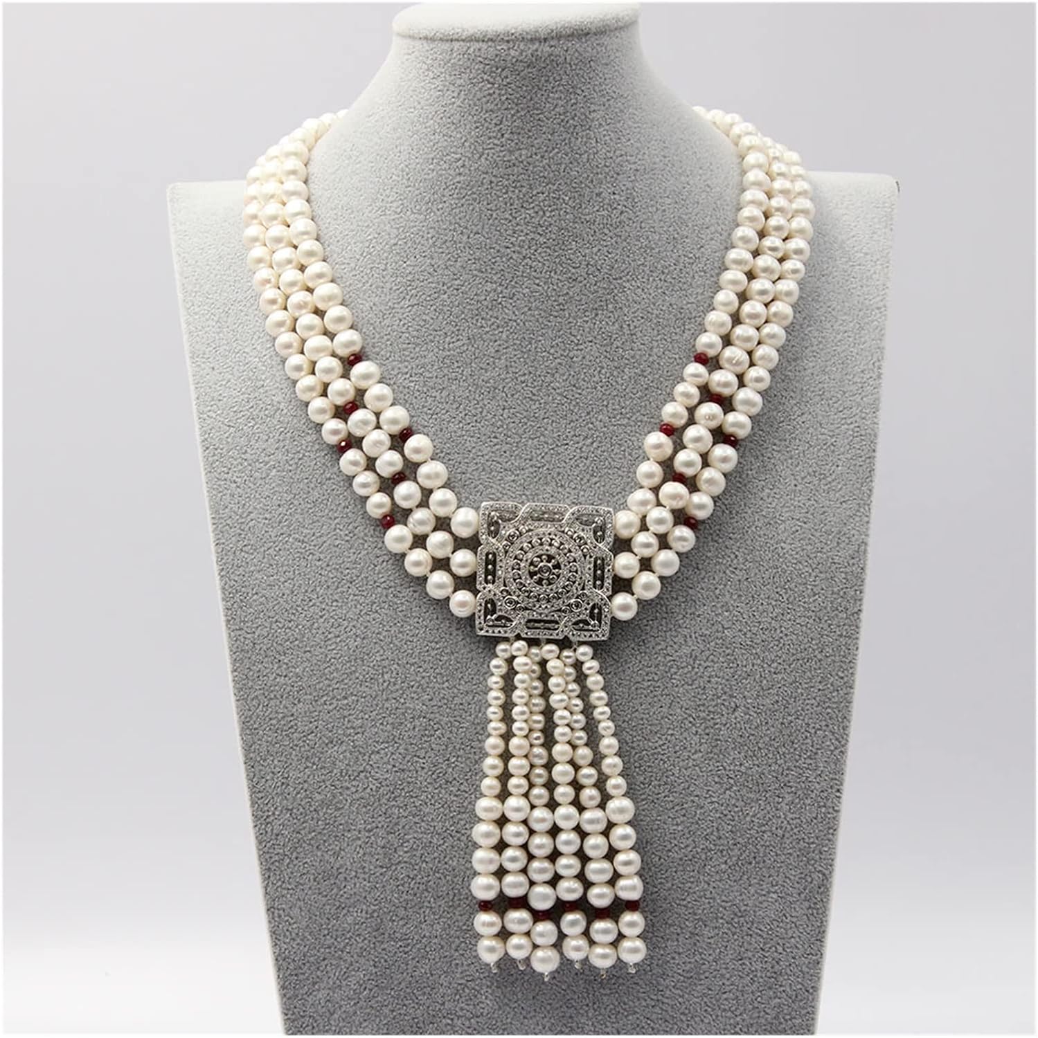 LAnGSHAW 3 Strands Natural Cultured White Pearl Red Jade Necklace Pendant Handmade for Women