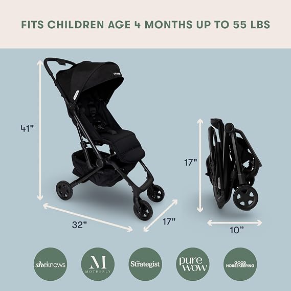 Colugo Compact Stroller+ Lightweight Travel Stroller 16lb, One-Hand Auto-Fold, Multi-Position Recline, for Infants and Toddlers Ages 6 Months to 4 Years, Rain Cover, Backpack and Cup Holder, Black