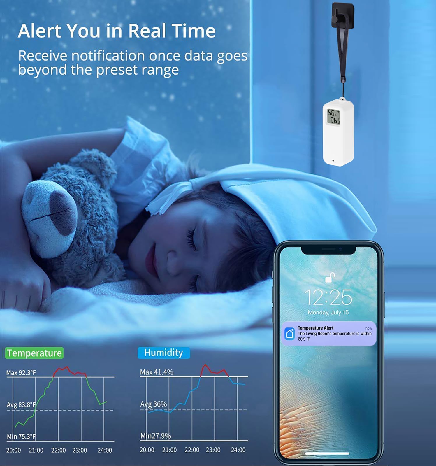 Termómetro higrómetro WiFi: sensor inteligente de humedad de temperatura con alarma de notificación, almacenamiento y exportación de datos, monitor de temperatura calibrable, compatible con Alexa (2