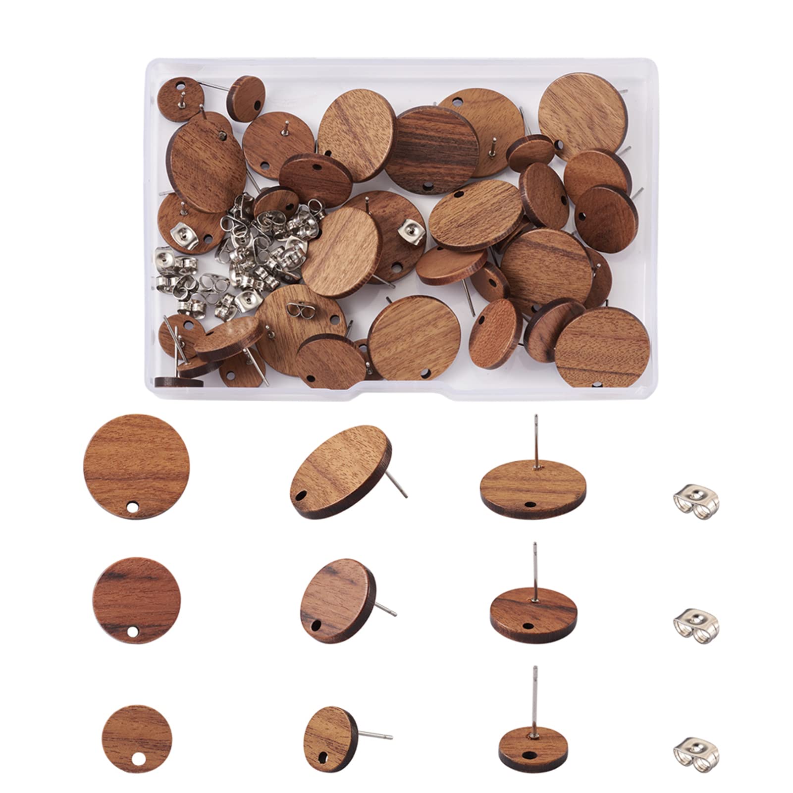 Pandahall 18 Pairs Flat Round Walnut Wood Earring Studs 3 Sizes Wooden DIY Making Kits with Stainless Steel Ear Nuts for Handmade Earrings