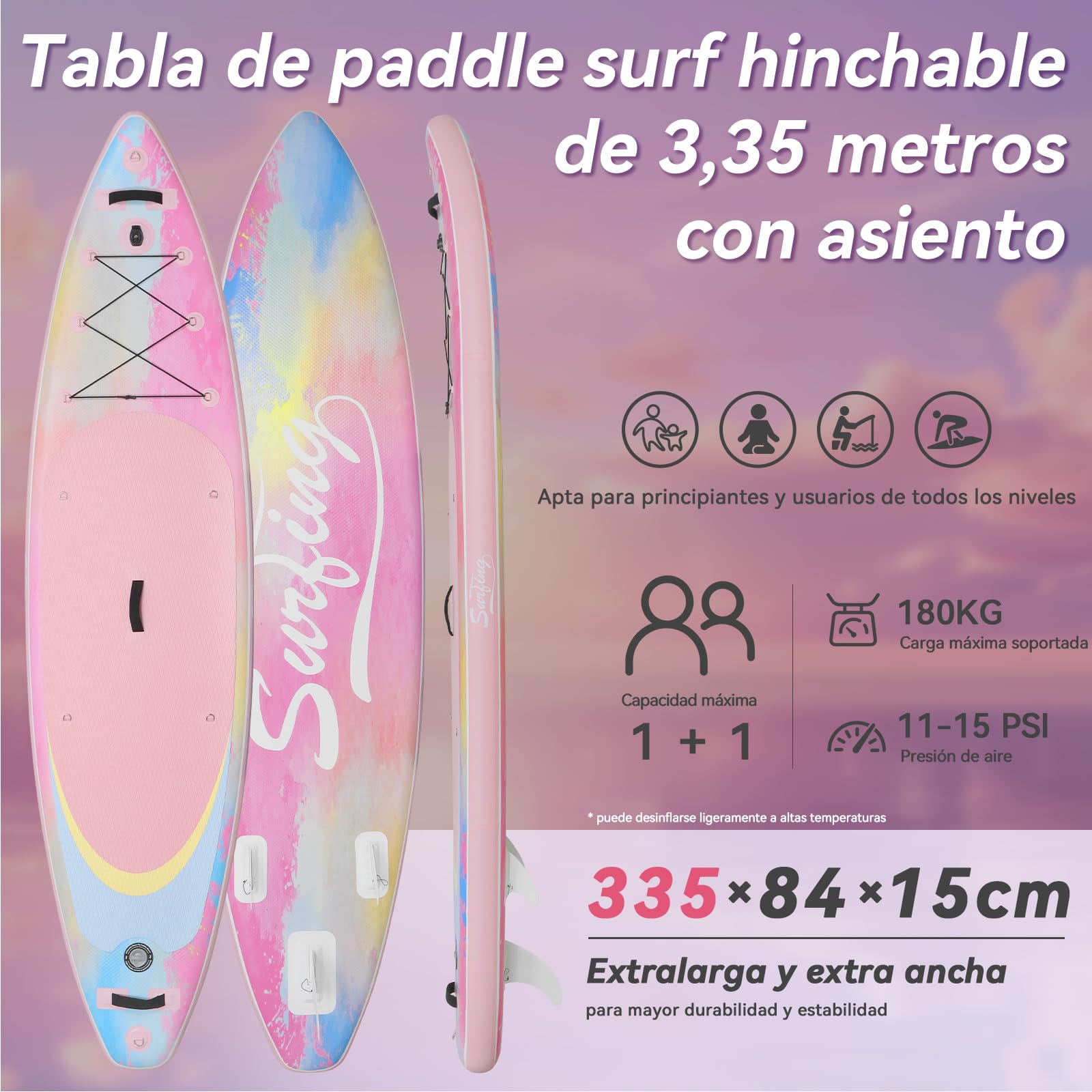 YU YUSING Tabla Paddle Surf Hinchable 335 cm, Paddle Surf, Rosa Océano