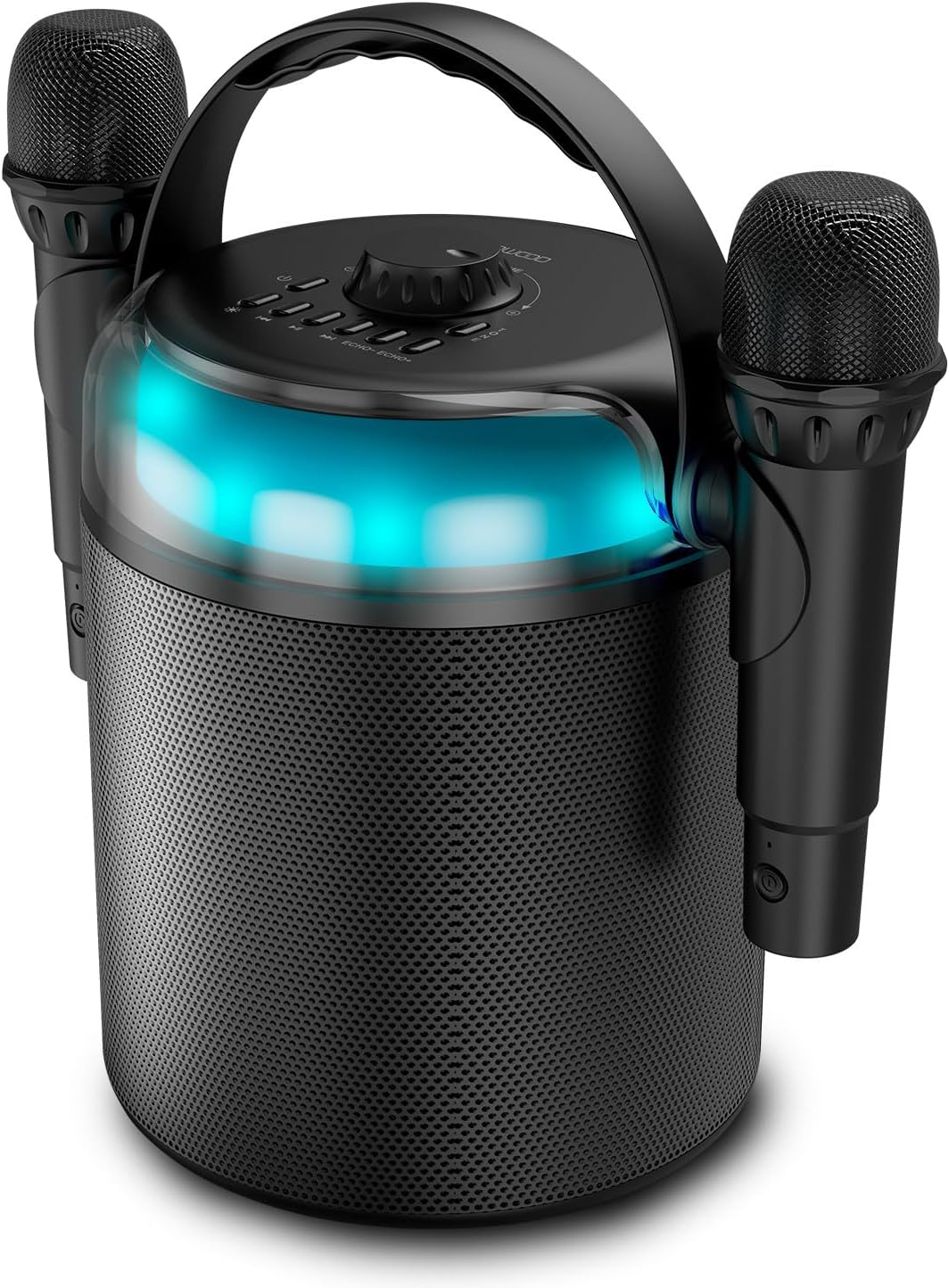 Ledwood PLAYKARAOKE Portable Karaoke Speaker with two wireless microphones attached to the sides.