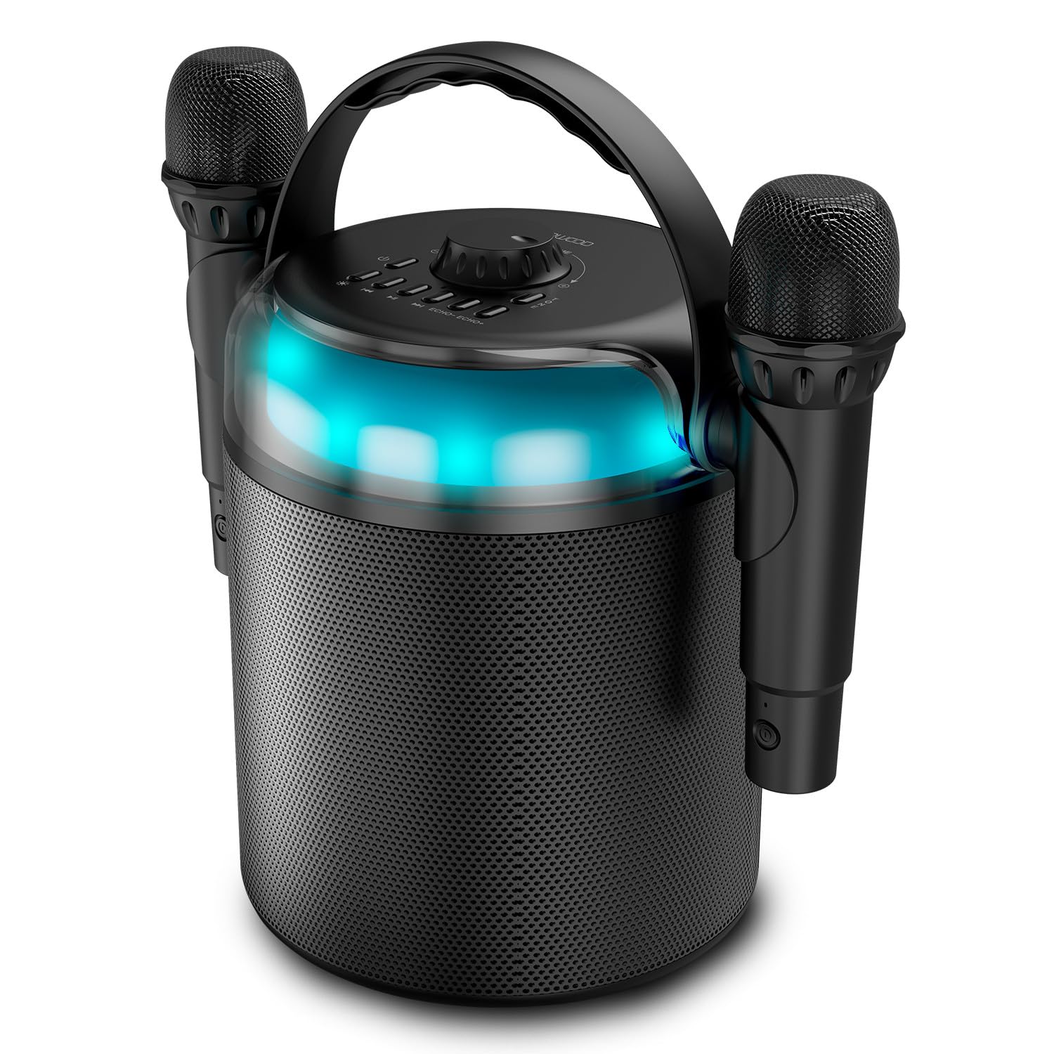Système Karaoké sur Batterie 120W, LED, Bluetooth USB, 2 Micros sans Fil, Effets Vocaux, Compatible TV Connectée, Ampoule