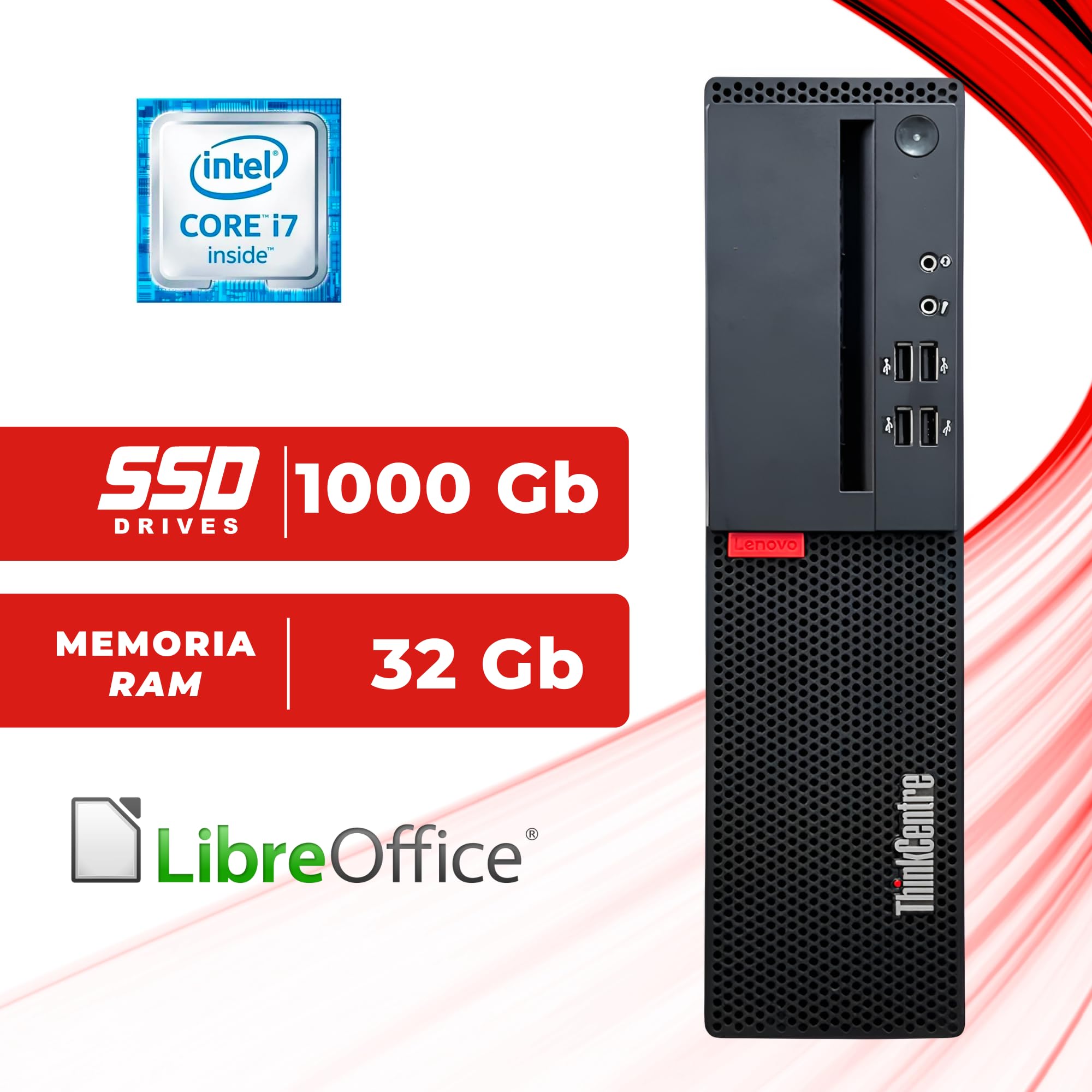Lenovo ThinkCentre SFF, Pc Desktop Pronto all'uso, Intel i7-6700 4 Core 3.40 GHz, Ram 32Gb SSD 1000Gb, Computer Pc Fisso con Libre Office (Ricondizionato)