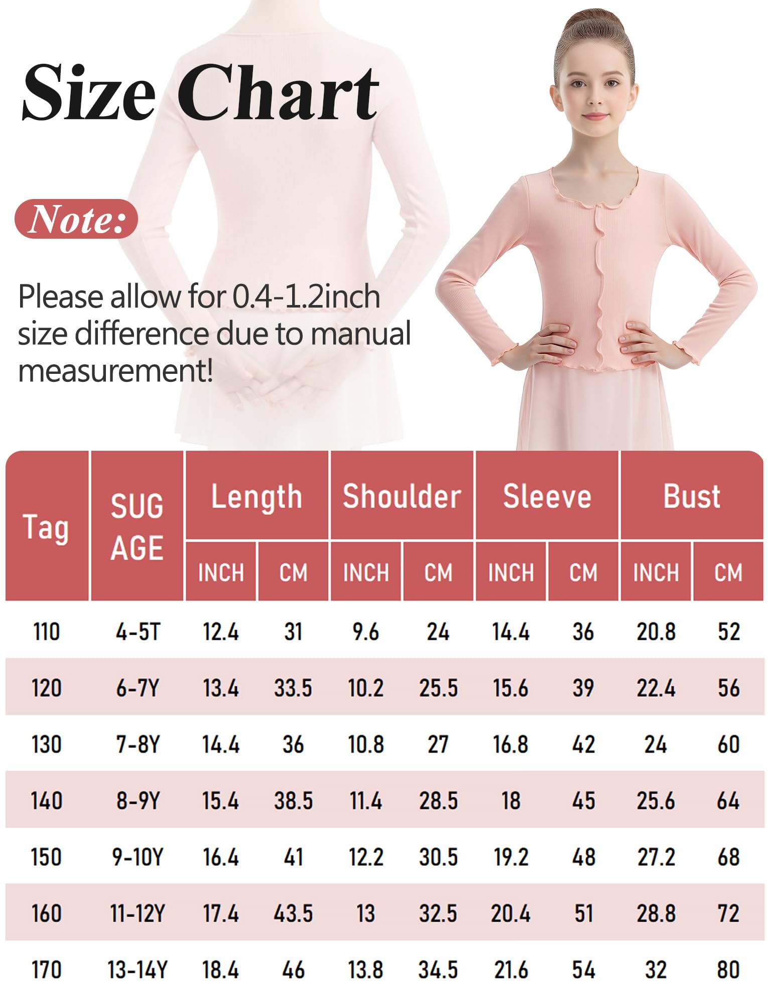 SEAUR Top da danza per ragazze, a maniche lunghe, bolero, cardigan, coprispalle con bottoni, leggero, 4-14 anni