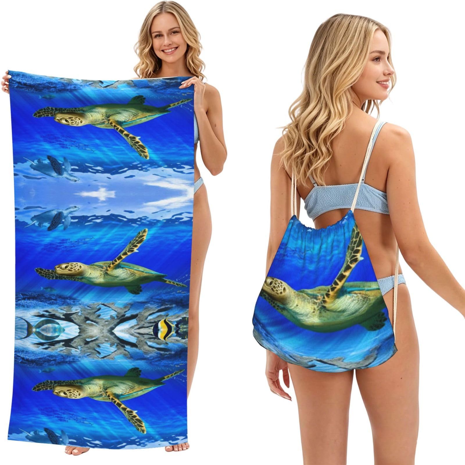 SATUSA Turtle Print 2-In-1 Foldable Beach Towel Backpack â€“ Camping, Yoga And Travel,Bath Towel With Built-In Storage, Convertible Beach Mat & Carry Bag