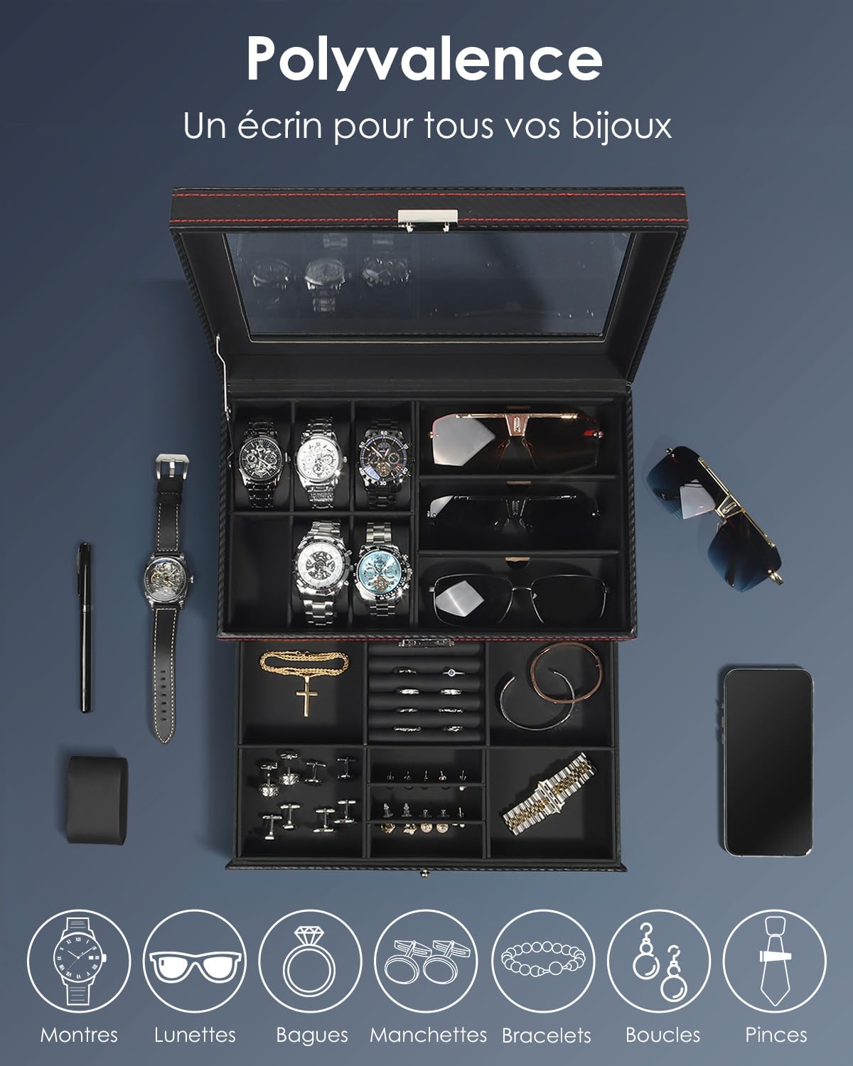Kukikan Boîte à bijoux pour montres, 6 emplacements, 2 couches de rangement, grand couvercle en verre, boîte à bijoux pour homme avec serrure, support de montre