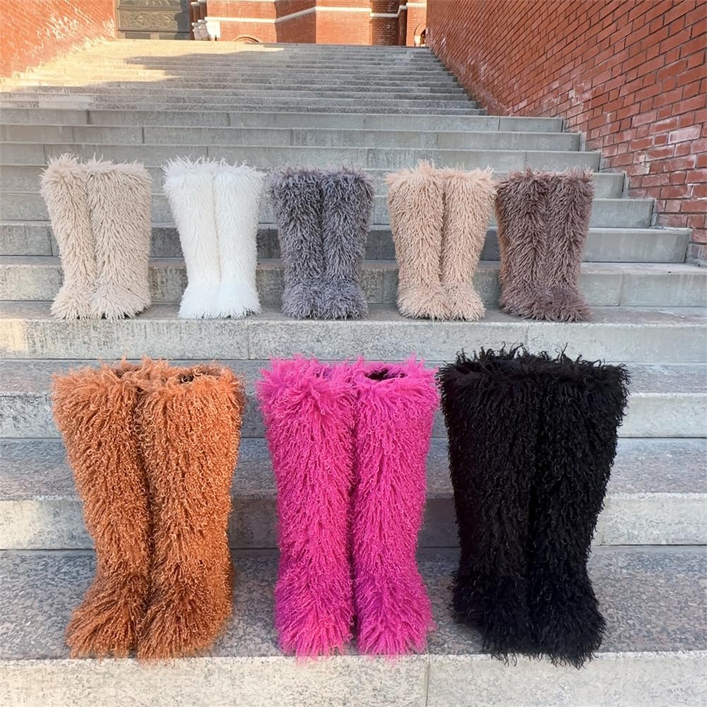 Faux Fur Tall Furry Boots for Women Plush Warm Snow Boots Fuzzy Boots Plush Warm Comfortable Outdoor Indoor Flat Shoes