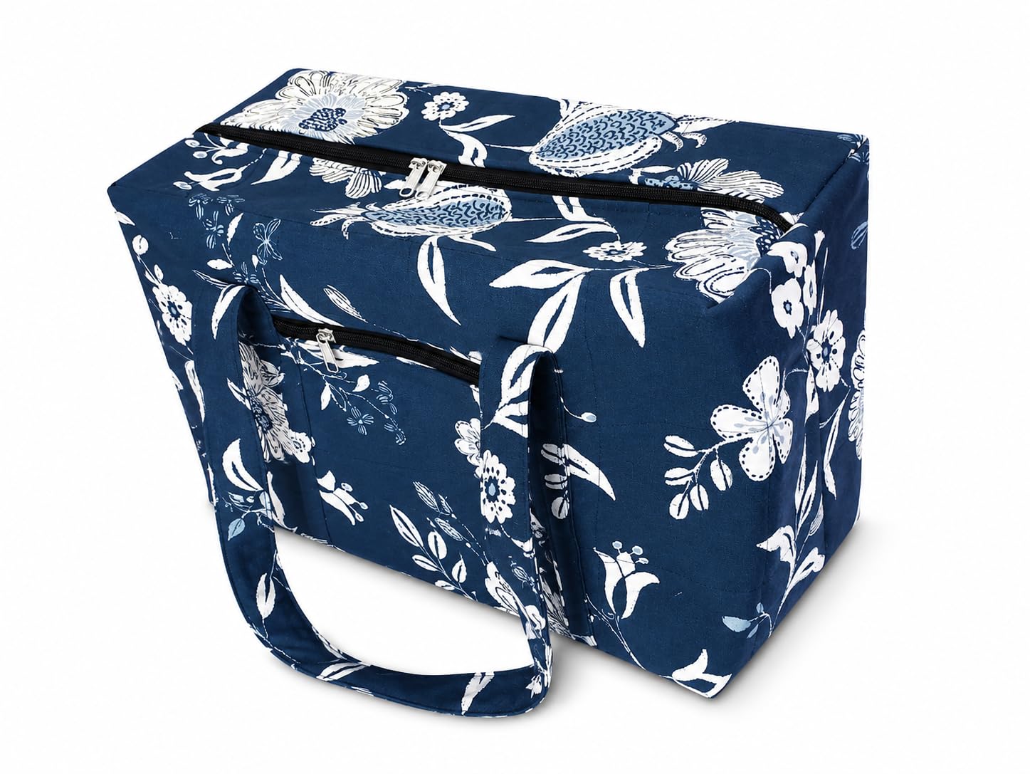 Kanika Creations Quilted Cotton Travel Duffel Bag for Women | Floral Printed Weekender Bag | Lightweight Overnight Gym Carry Bag with Front Zipper Pocket & Shoulder Handles | Blue-image-37