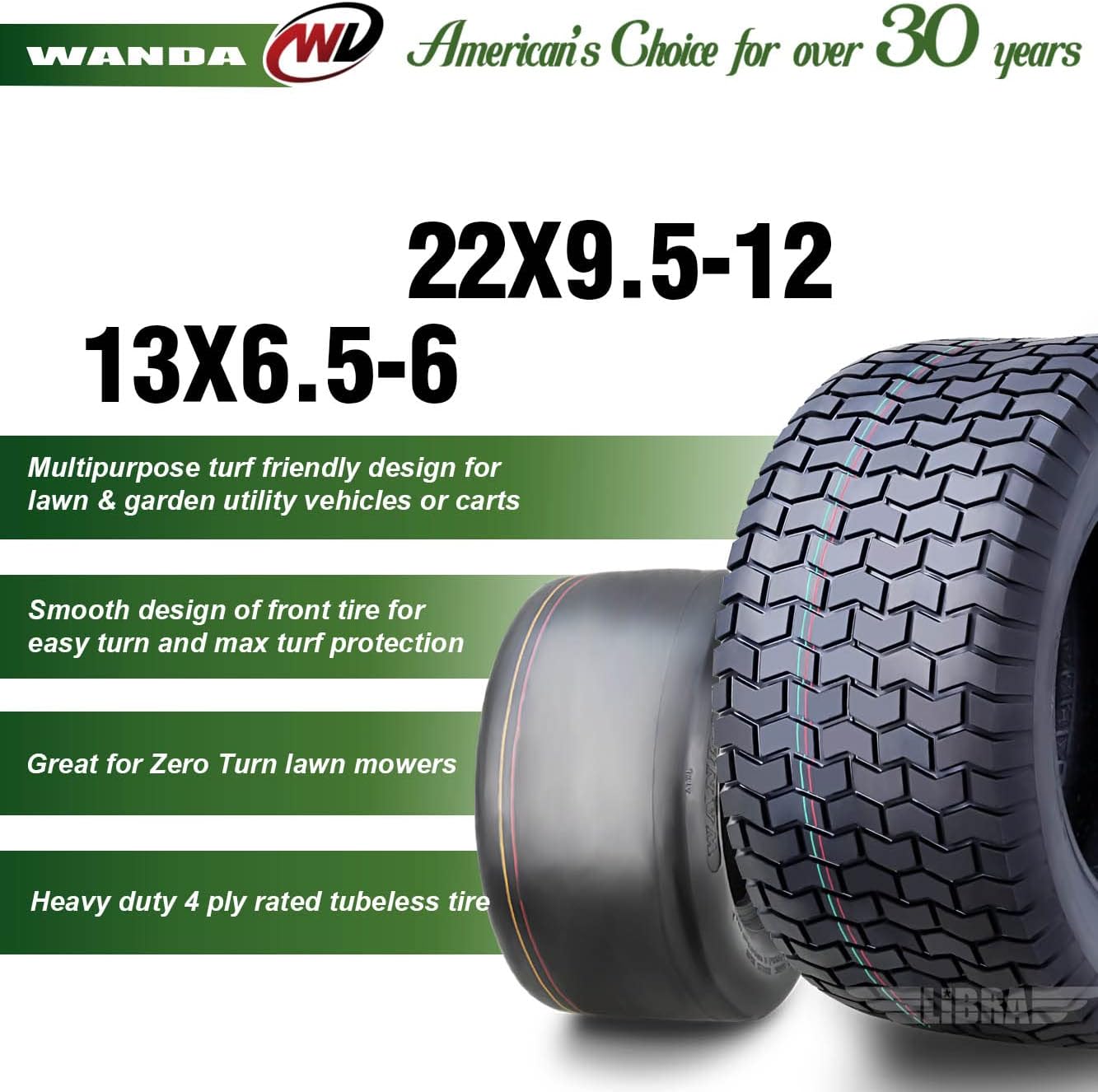 WANDA Set 4 13X6.5-6 & 22X9.5-12 Zero turn Lawn Mower Tractor Cart Turf Tires 4 Ply-13207/13135