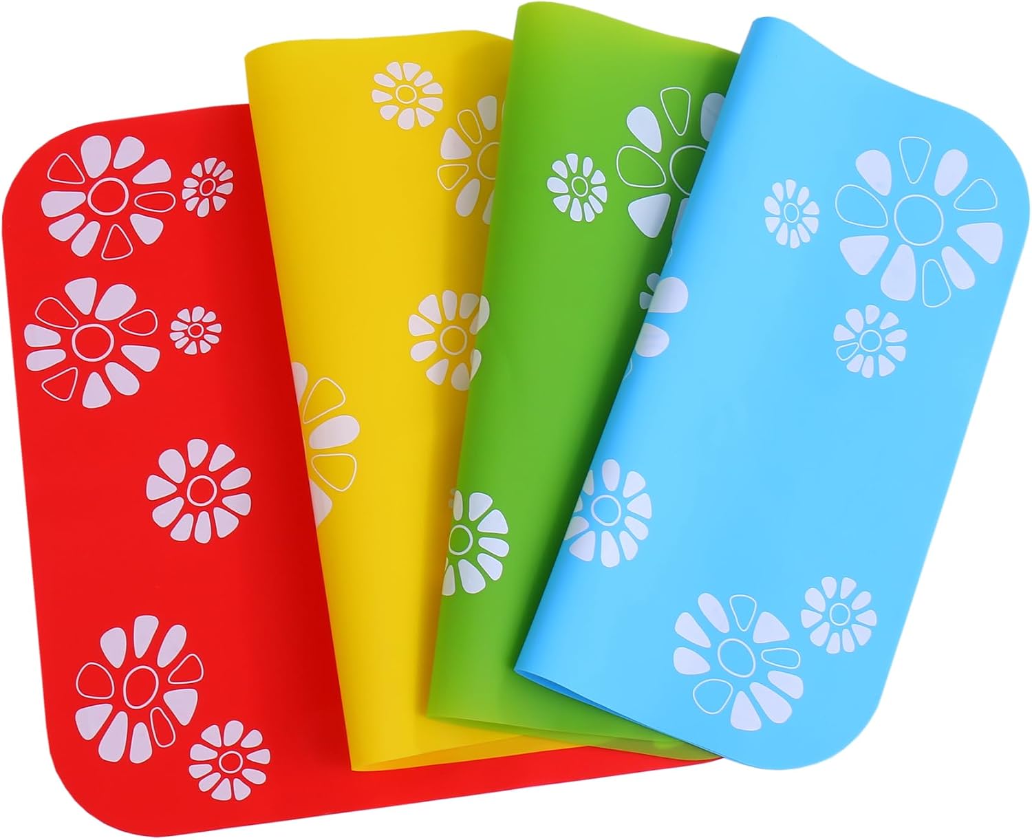 Silicone Pad for Pet Water Fountains, 13.4in Large Size Square Silicone Feeding Mat, Dog Cat Bowl/Water Dispenser Mat, Non-Slip Flowers Pattern Pad (Green Ground)