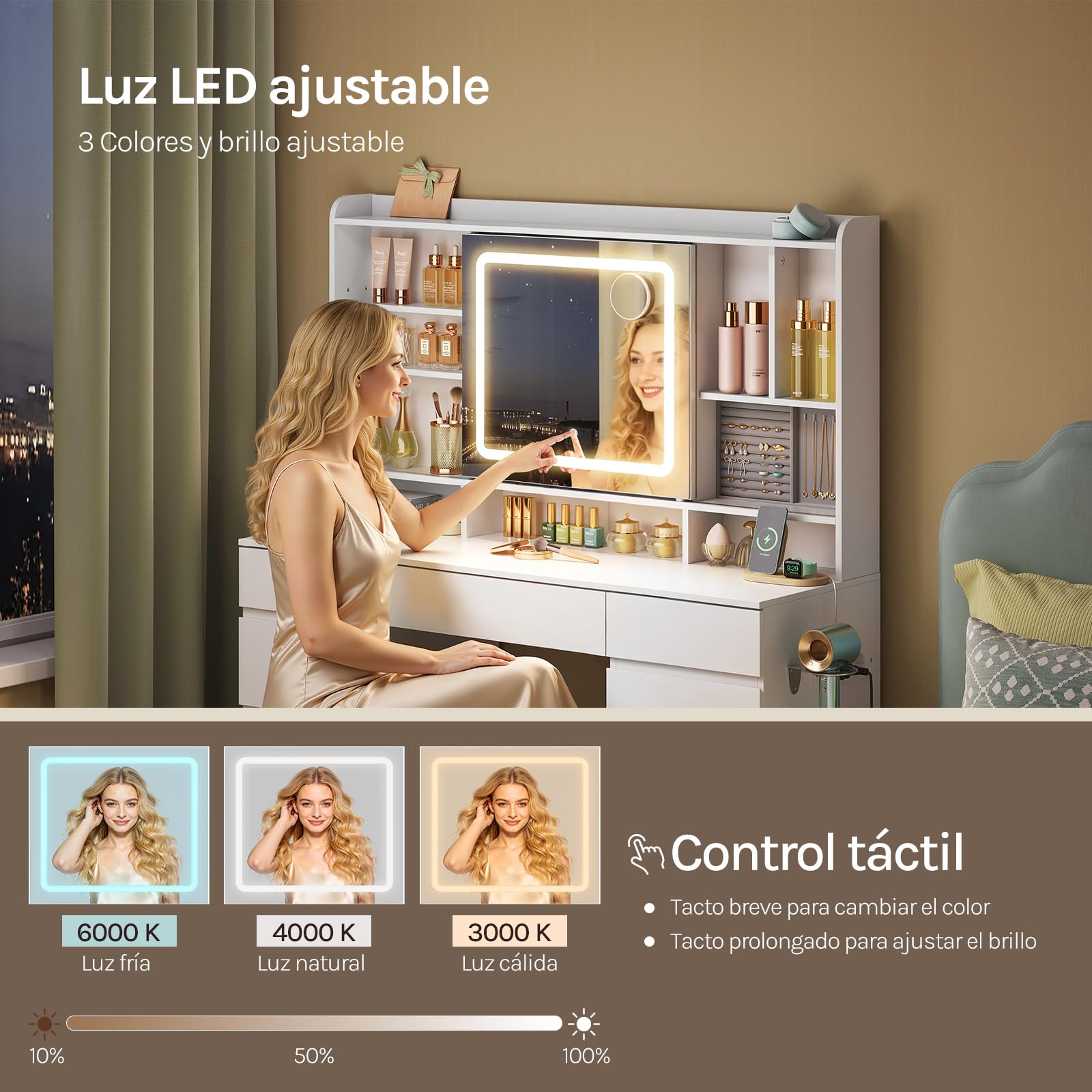 WOLTU Tocador de Maquillaje con 9 Cajones, 1 Bandeja de Joyas, Mesa Tocador Blanco con Espejo y Luz LED Ajustable, Estantes Abiertos, Estilo Moderno para Dormitorio