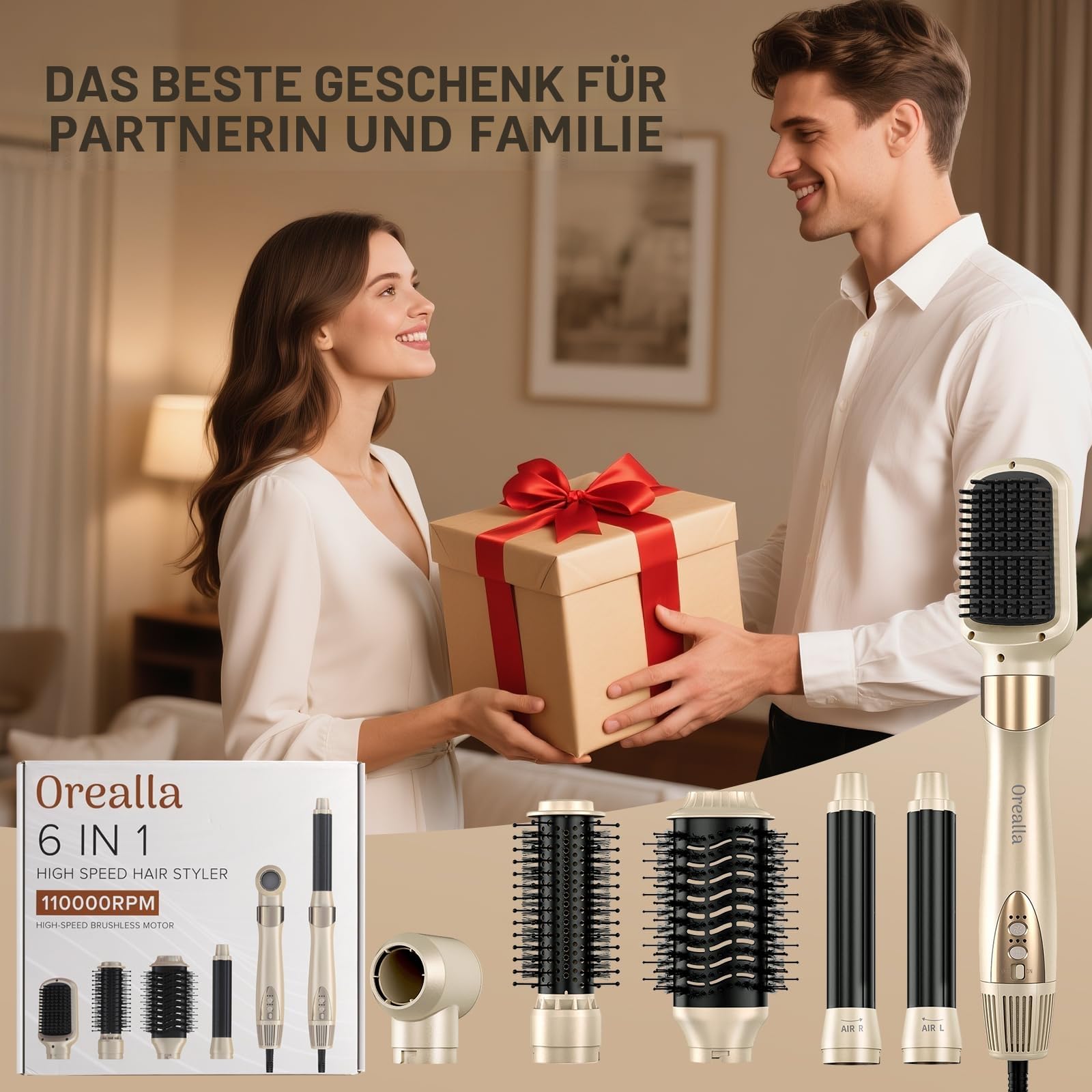 6 in 1 Airstyler, 110000 U/Min Multifunktionaler Hairstyler Lockenstab Automatisch, Keine Hitzeschäden Warmluftbürste Haarstyling Geräte für Glätten, Trocknen, Locken, Volumisieren, mit Reisetasche