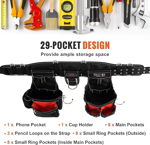 Miniatura 5 de Tirantes de cinturón de herramientas profesionales, ajustables de 29 a 54 pulgadas, 29 bolsillos de poliéster 1680D, bolsas de cinturones de