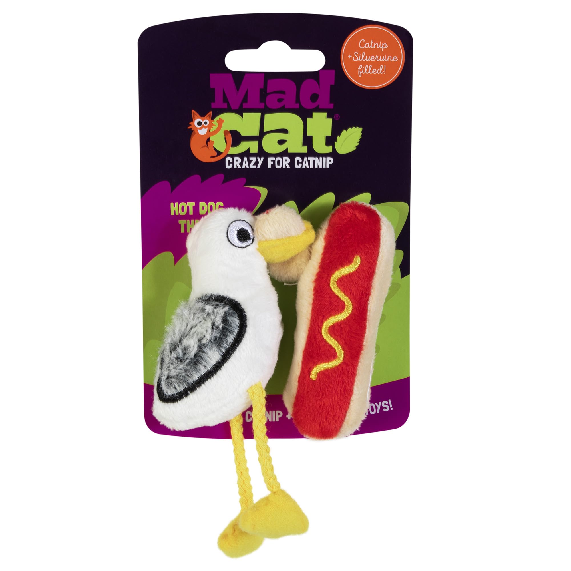 Mad Cat Catnip & Silvervine Bird Crinkle Cat Toy, Hotdog Thief, Pack of 2 | Plush Interactive Cat Toy with Realistic Sounds | Ideal for Tossing, Batting, Kicking, and Cuddling for All Cats