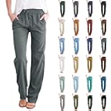 Cotton Linen Pants Women 2025 Casual Straight Leg Drawstring Elastic Hight Waist Trousers Pockets Loose Palazzo Pants