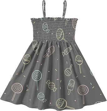 Exnundod Girls Casual Dress Smocked Spaghetti Strap Dress Candy Sweet Pattern Design Sleeveless Sundress 2-8T