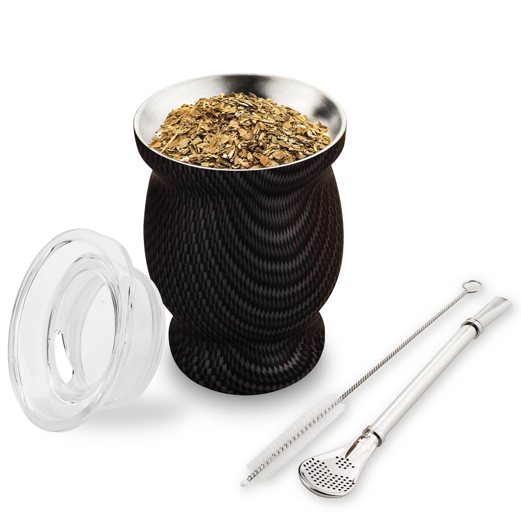 Yerba Mate Gourd, Mate Cup and Bombilla Set, Stainless Steel Double - Walled Mate Cup with Bombilla Yerba Mate Straw, Cleaning Brush & Lid 8.4 oz (Black Pattern)