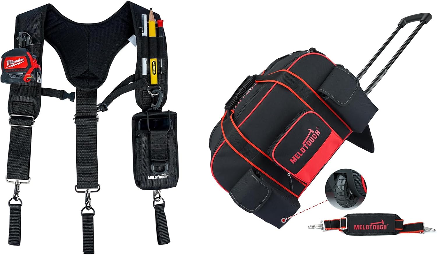 MELOTOUGH Tool Belt Suspenders, Rolling Tool Bag with Wheels, Concealed Telescoping Handle, Multi-Pocket Organizer for Construction, Electrician, HVAC, Mechanic