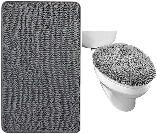 Gorilla Grip Alfombra de baño de felpilla y tapa de inodoro, ambos en color gris, tamaño de la alfombra de baño 30 x 20 pulgadas, tamaño de la tapa