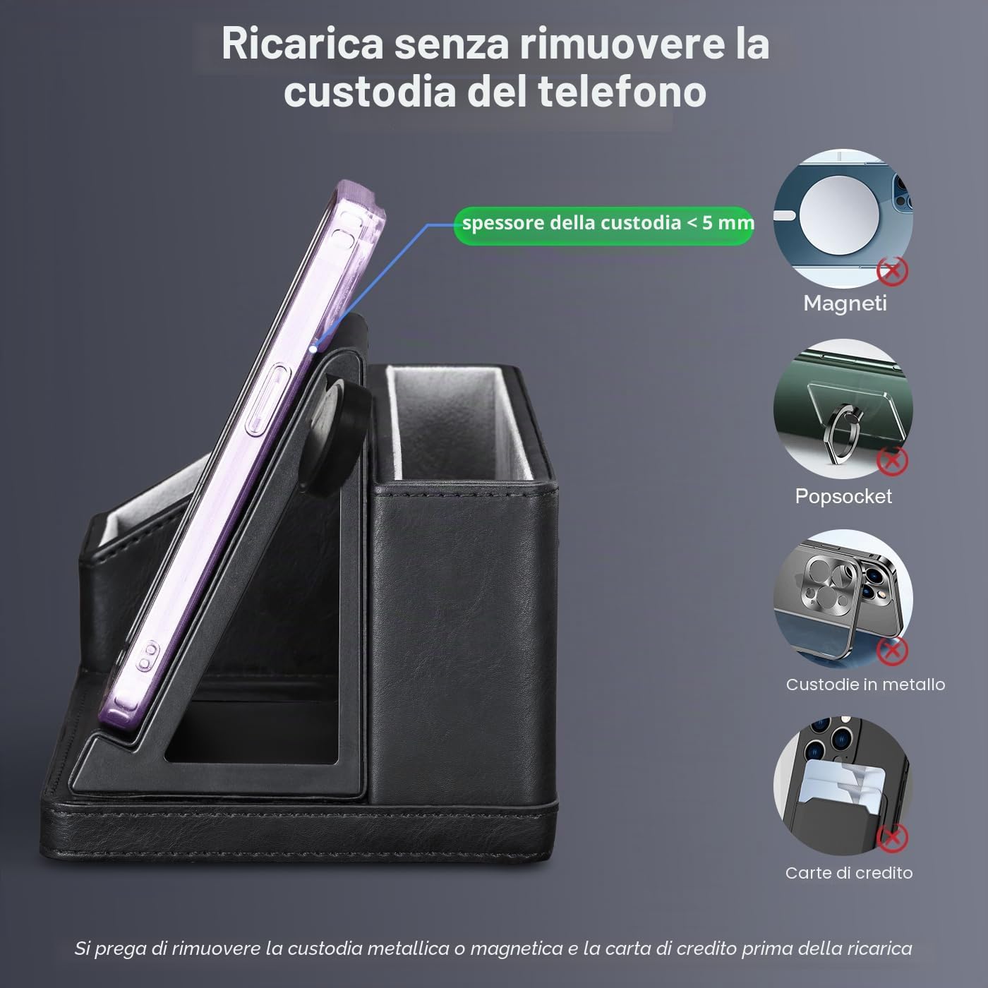 Stazione di ricarica induttiva 3 in 1 Wireless Charger per iPhone 15/14/13/12/11/Pro Max/Samsung Galaxy, stazione di ricarica per iWatch 9/8/7/6/5/4/SE, AirPods 3/2 con organizer da scrivania