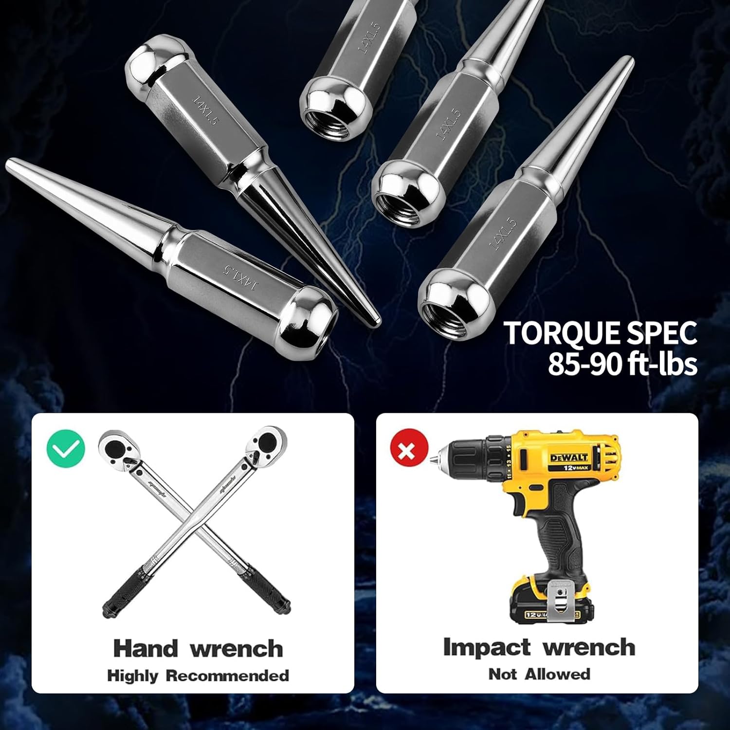 24pcs M14x1.5 Spike Lug Nut Fit for Chevy Silverado GMC Sierra 1500, Dodge Ram 1500, Ford F150, Wrangler JL & Gladiator JT, Conical Bulge Seat Closed End Lugnut with 1 Socket for Wheel