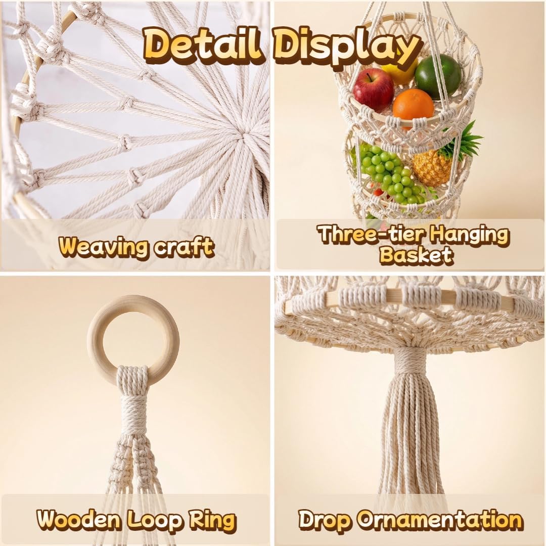 3 tier hanging fruit basket, hanging fruit baskets for kitchen,Macrame Hanging Basket for Fruit and Vegetable Storage, Cotton Rope Woven Baskets for Kitchen, Decorative Boho Decor Hanging Plant Holder