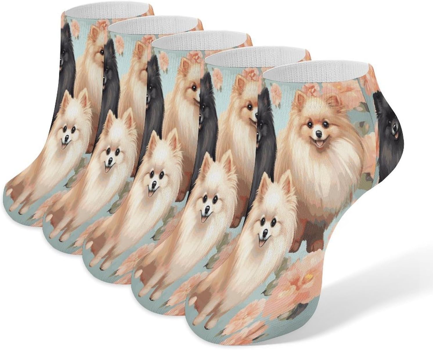 Pomeranians Pattern Ankle Socks for Men Women 5 Pairs | Comfortable Casual Low Cut Socks, Lightweight No Show Breathable Athletic Socks, Soft Mini Crew Socks for All Seasons