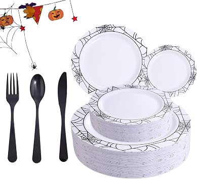 WELLIFE 125pcs Halloween Plastic Plates with White Spiders Web, Halloween Party Supplies Includes 25 Dinner Plates, 25 Dessert Plates,25 Knives,25 Forks,25 Spoons,halloween Disposable Plates