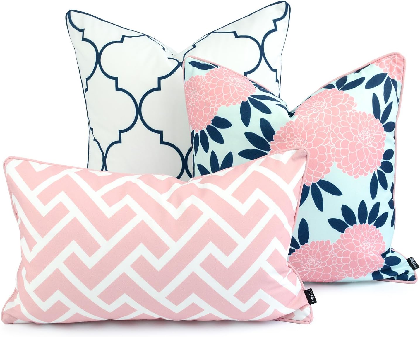 Hofdeco Spring Indoor Outdoor Pillow Cover ONLY, Water Resistant for Patio Lounge Sofa, Navy Pink Moroccan Maze Floral, 18"x18" 20"x20" 12"x20", Set of 3
