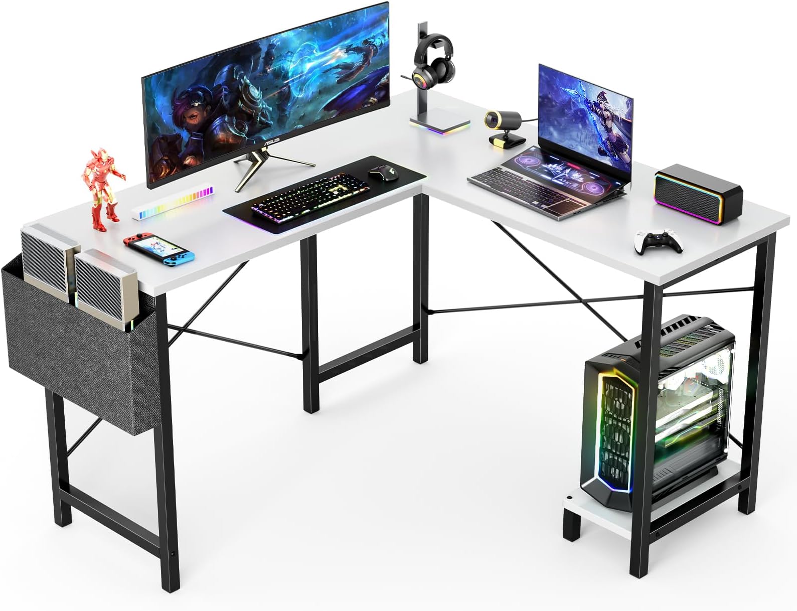 DUMOS L Shaped Computer Desk Wood Corner PC Gaming Table with Side Storage Bag for Home Office Small Spaces